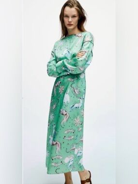 Zara - NWT Limited Edition Zodiac Mint Green Long Sleeve Midi Dress Size XS